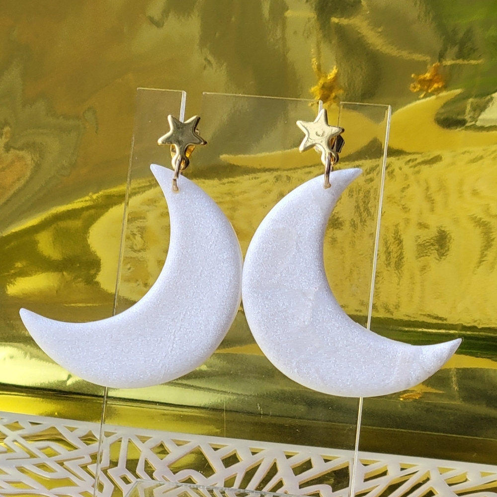 White Crescent Moon Earrings with Gold Star Accents